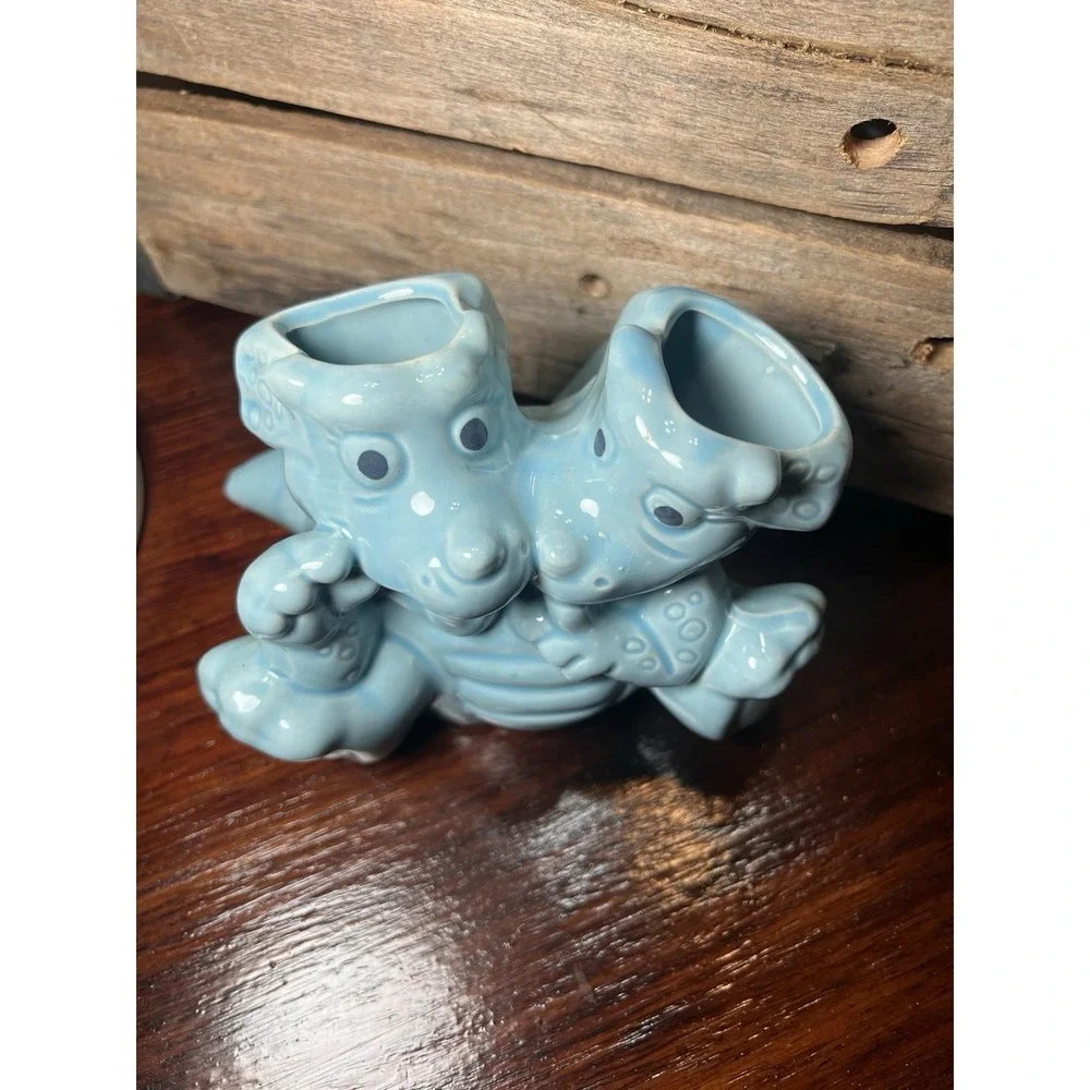 Twin‎ Dinosaurs Planter Vase Two Dragons Vintage Blue Ceramic Turquoise Vase
